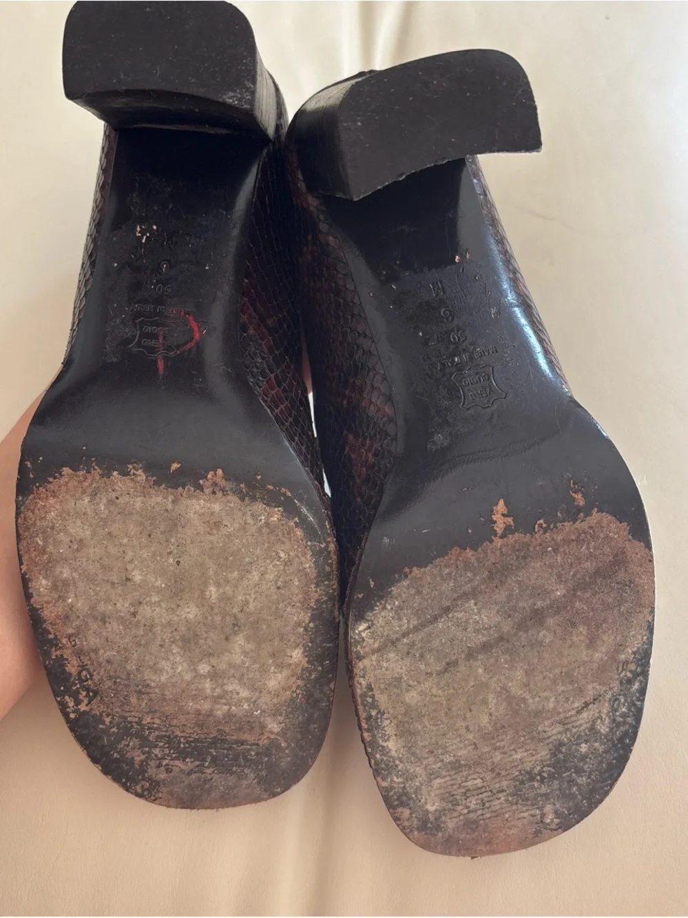 Via Spiga Brown Snake-Embossed Leather Block Heel Loafers